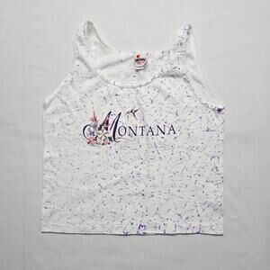 Vintage Montana Tank Top Splatter Graphic White Purple Womens Medium 90s
